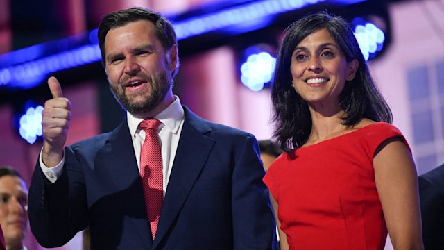 US Senator from Ohio and 2024 Republican vice presidential candidate J.D. Vance and his wife Usha Vance stand on stage on the last day of the 2024 Republican National Convention 