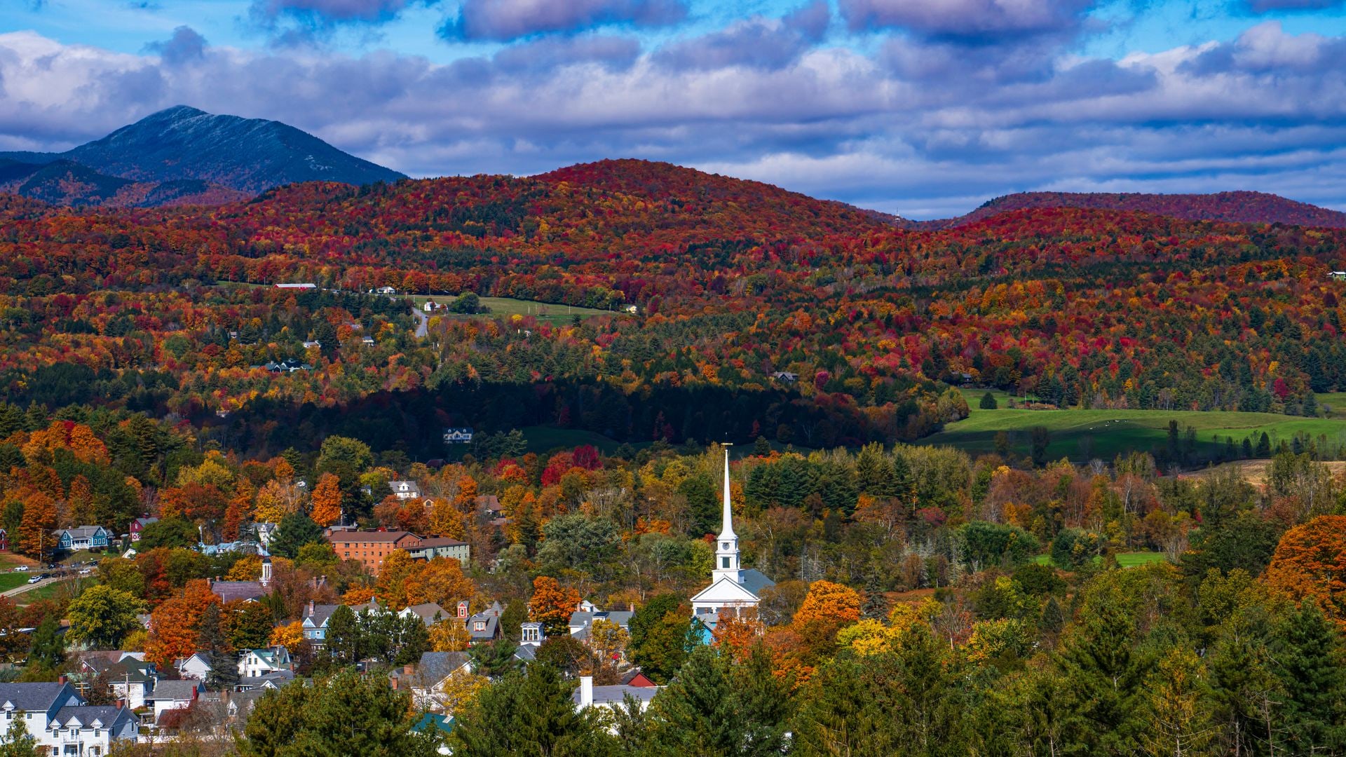 Elevated view of picture perfect Stowe Vermont in Autumn Color. 