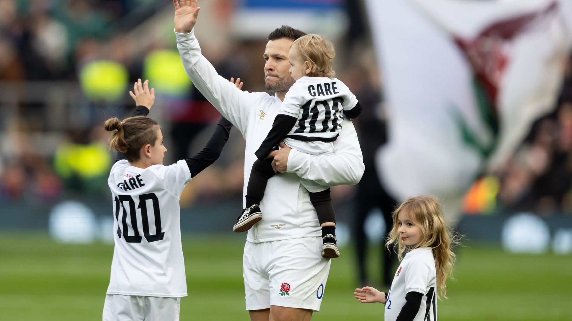 Danny Care with his children wave to the fans on his 100th match