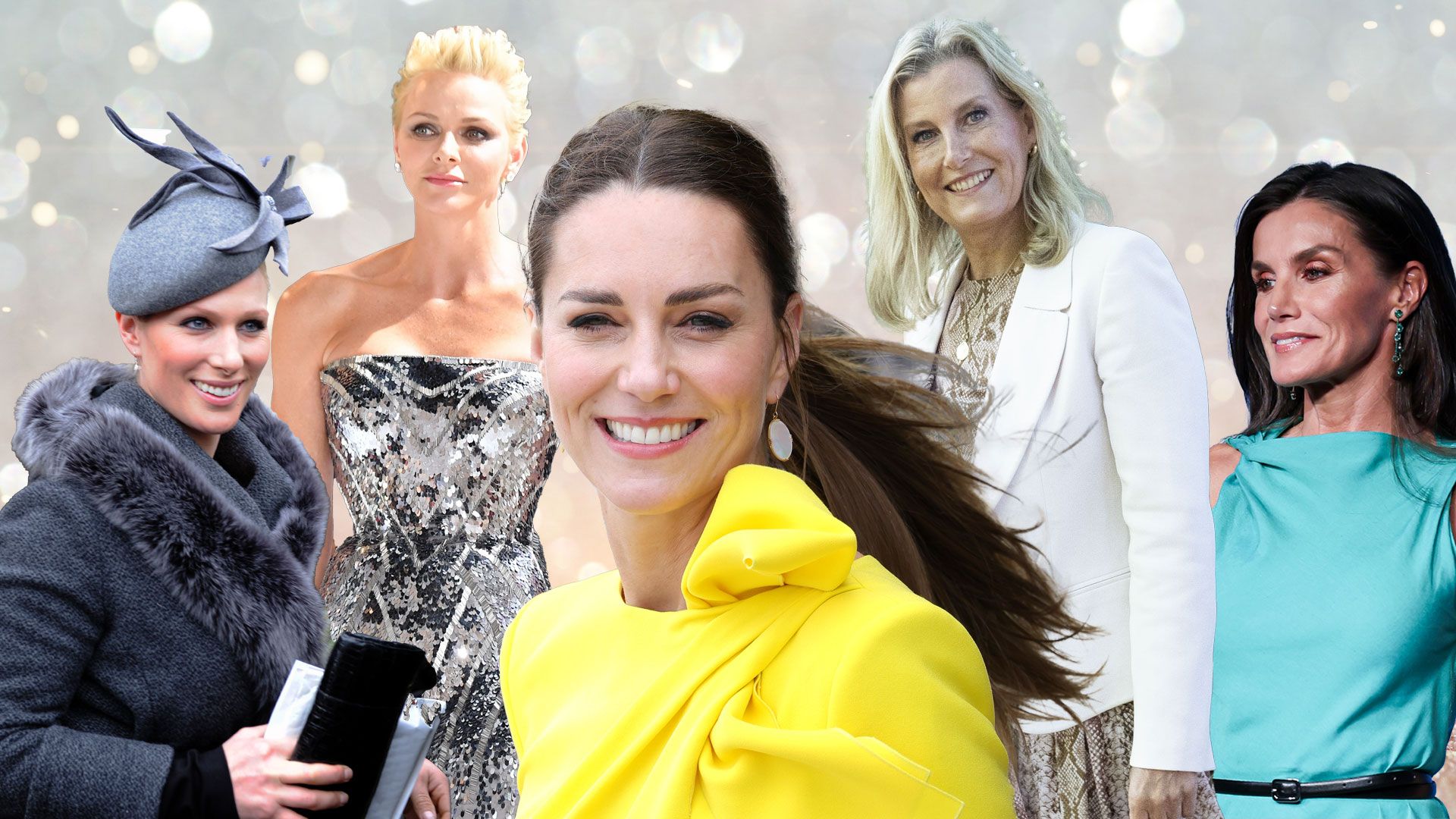 zara tindall, princess charlene, princess kate, duchess sophie, queen letizia against sparkly backdrop