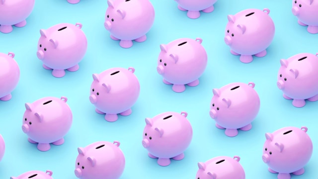 orthographic perspective of digitally generated piggy banks on a blue background