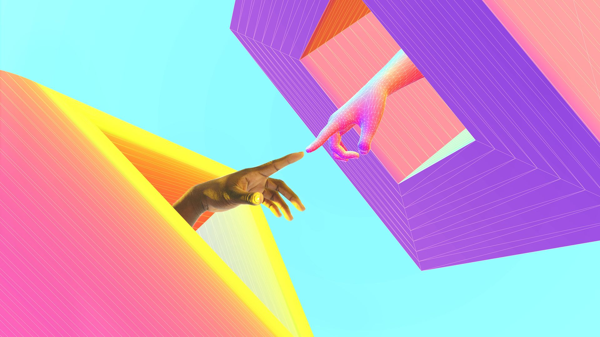 Digital generated image of dark skin hand going through triangular portal shape and touching virtual hand. Metaverse and Web3.0 concept.