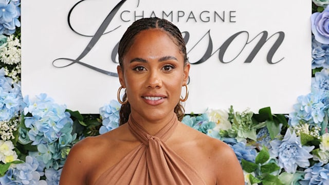 Alex Scott wearing a nude halterneck dress at Wimbledon. 