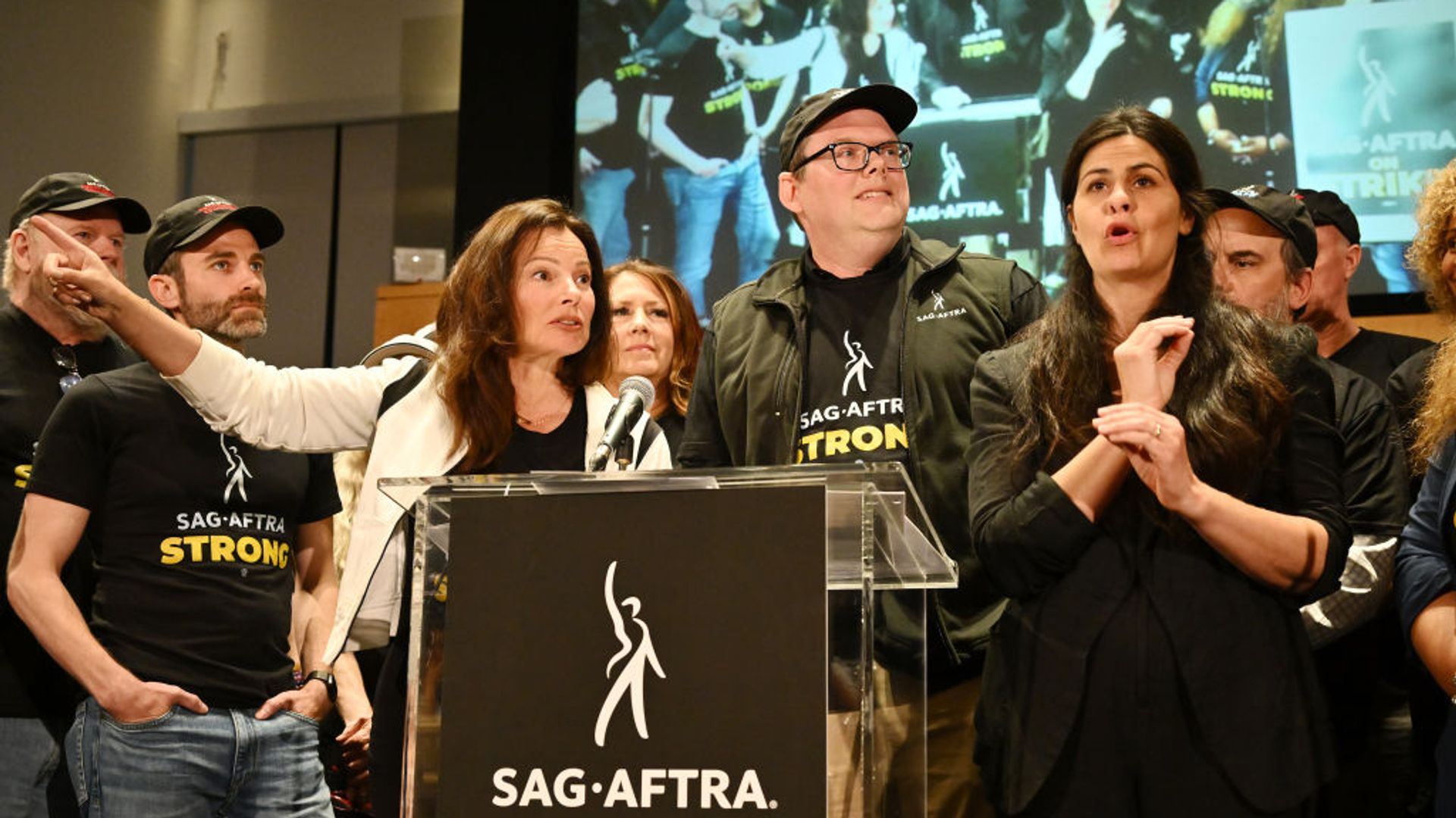 Fran Drescher delivers a passionate speech during a press conference at the SAG-AFTRA headquarters in Los Angeles