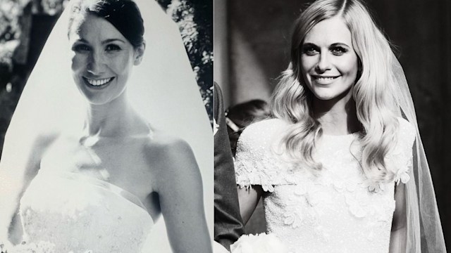 black and white photos of two women on their wedding days