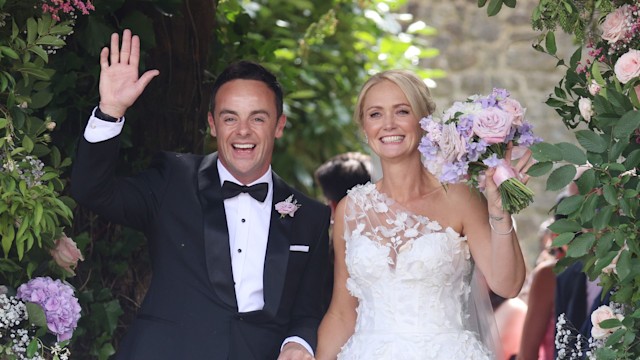 Ant McPartlin and Anne-Marie Corbett leaving a church in wedding outfits