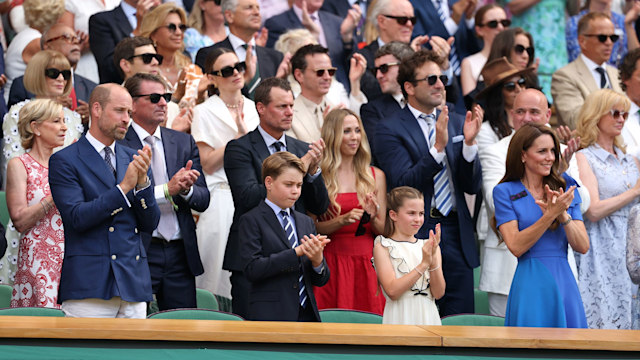 Prince William, Prince of Wales, Prince George of Wales, Princess Charlotte of Wales and Catherine, Princess of Wales applaud from the Royal Box 