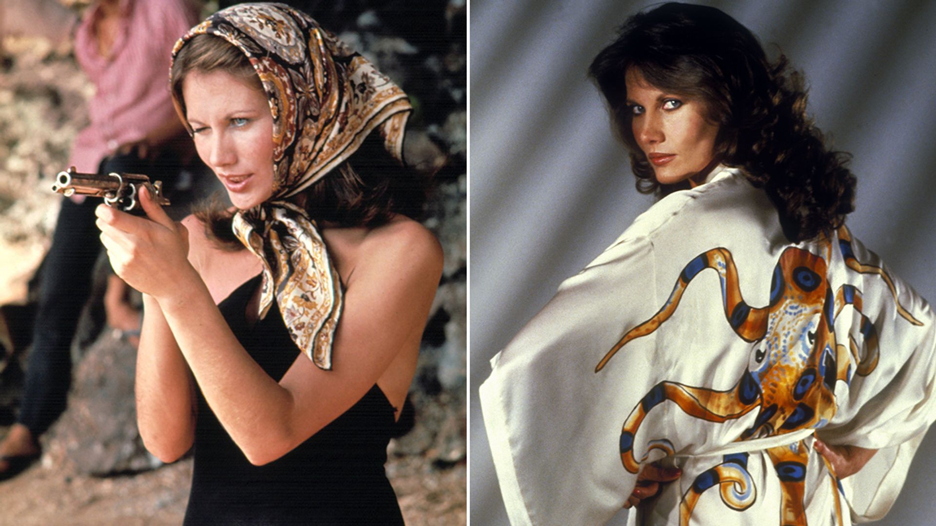 Split image of Maud Adams as Andrea Anders in The Man with the Golden Gun and as Octopussy in Octopussy