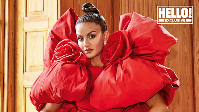 Natasha Poonawalla HELLO! exclusive wearing red dress with shoulder bows and roses