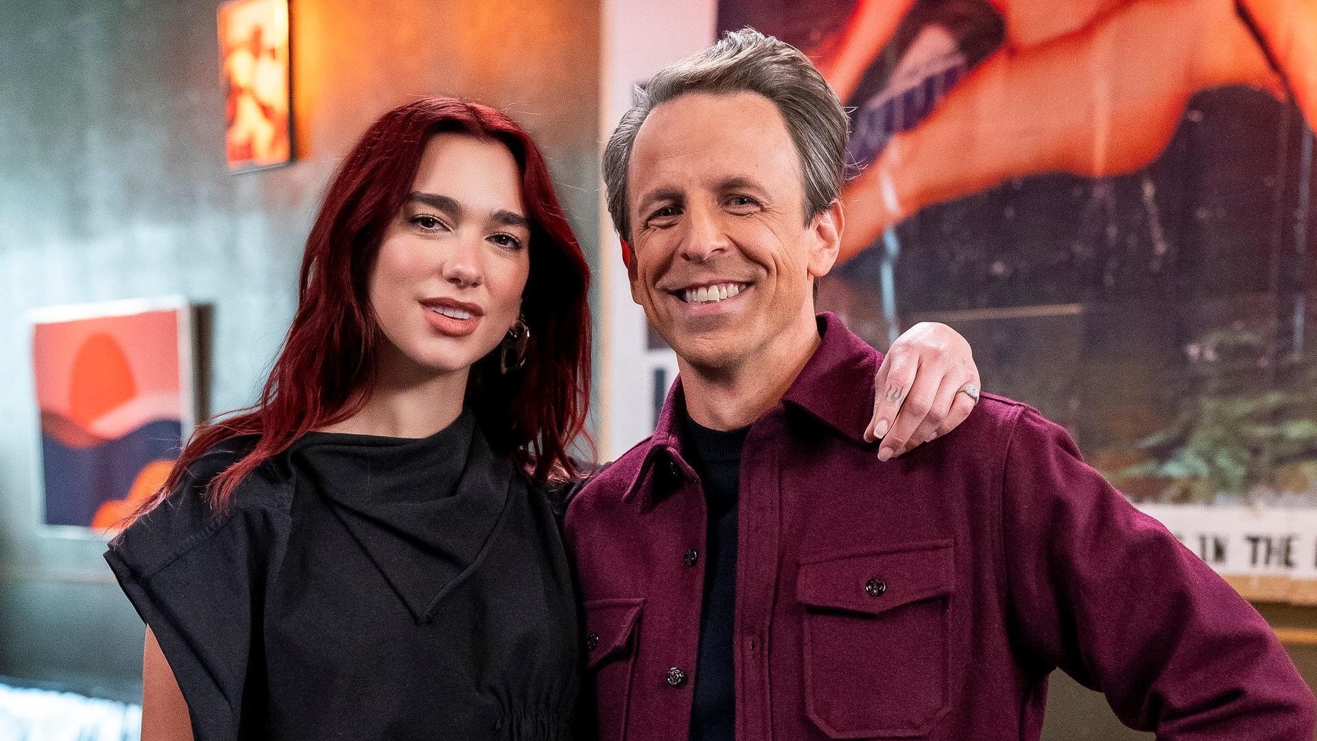 Dua Lipa and host Seth Meyers during "Day Drinking" on Late Night