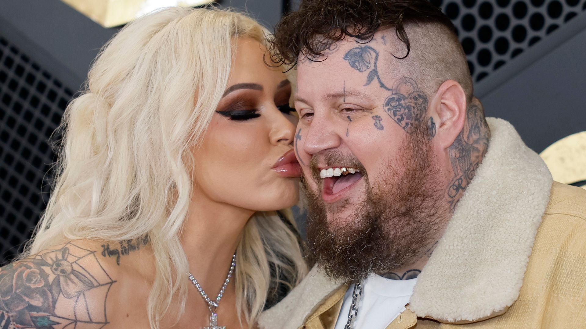 Jelly Roll and Bunnie XO arrive on the Red Carpet at the Crypto.com Arena  in Los Angeles, CA, Sunday, Feb. 4, 2024.