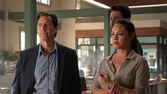 Henry Ian Cusick as John Swift, Noah Mills as Jesse Boone, and Vanessa Lachey as Jane Tennant in NCIS: Hawai'i