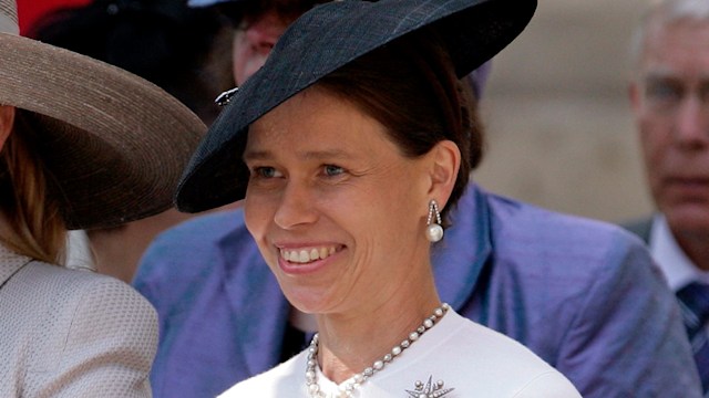 Lady Sarah Chatto in a white dress and a black hat