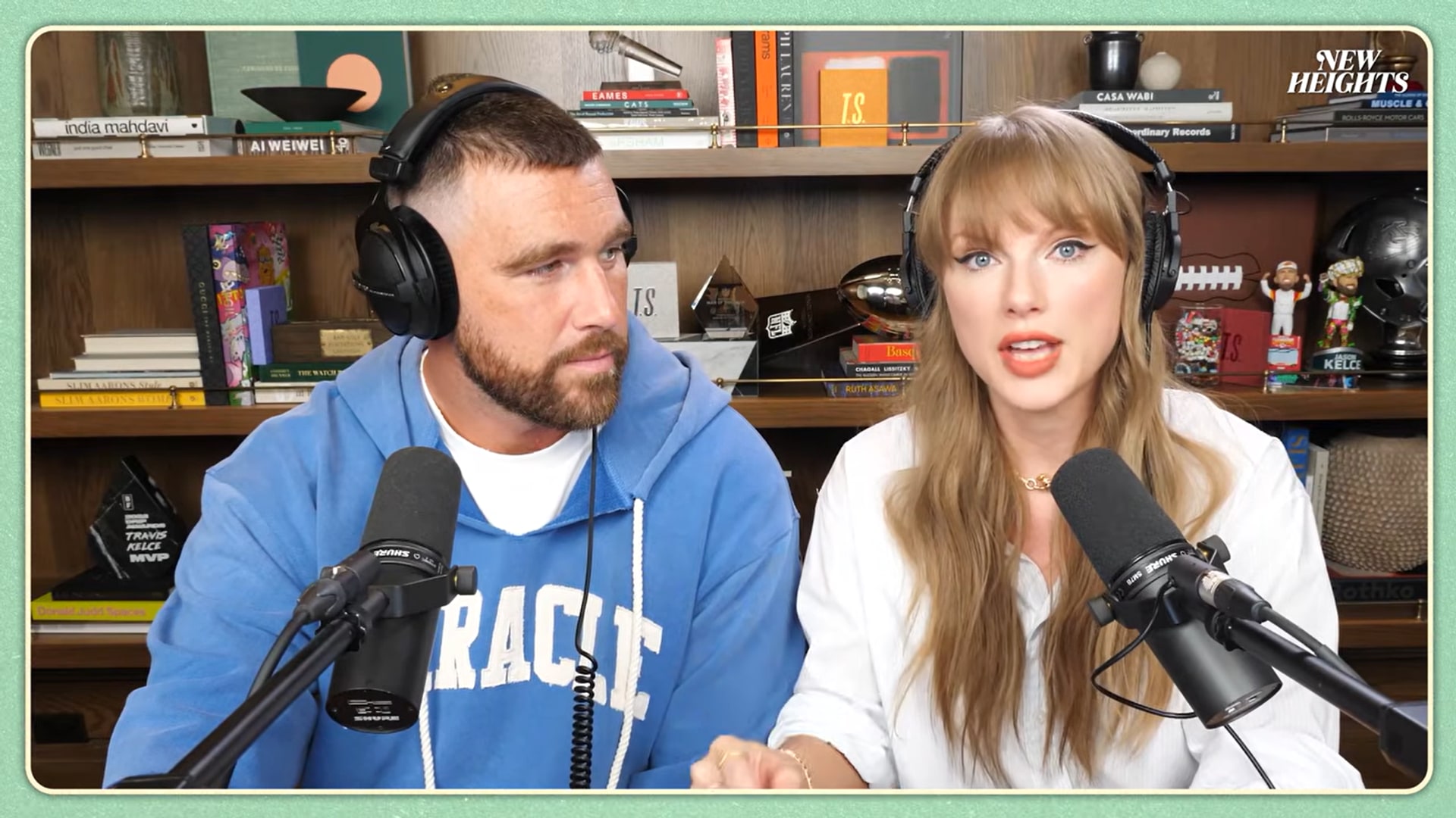 Travis Kelce and Taylor Swift on the New Heights podcast