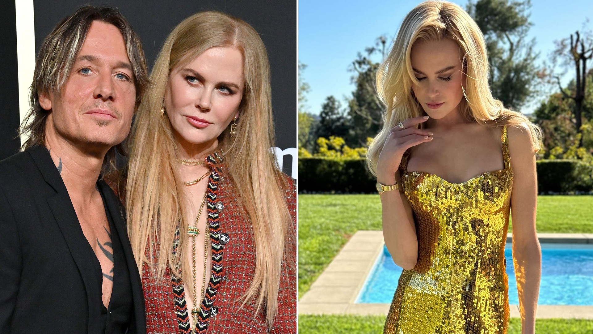 Split image showing Nicole and Keith at an event, and Nicole in garden of her home