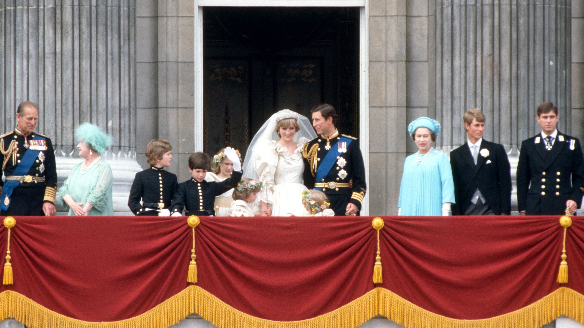 Charles and Diana with family on the balcony of Buckingham Palace following their wedding
