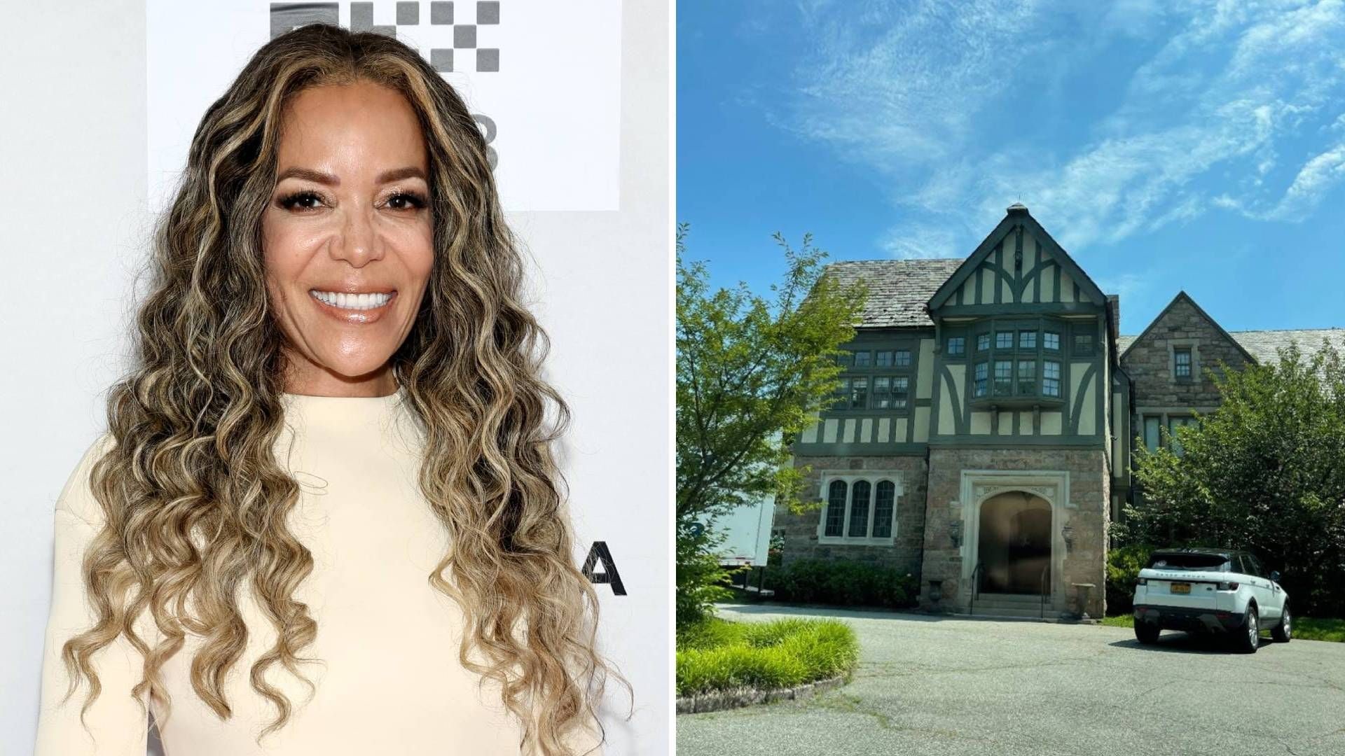 Split image of Sunny Hostin and her home in Purchase, New York