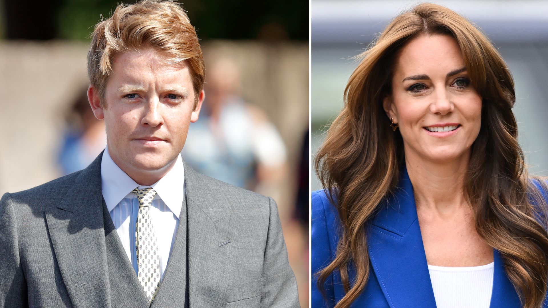 Hugh Grosvenor in a grey suit and Kate Middleton in a blue blazer