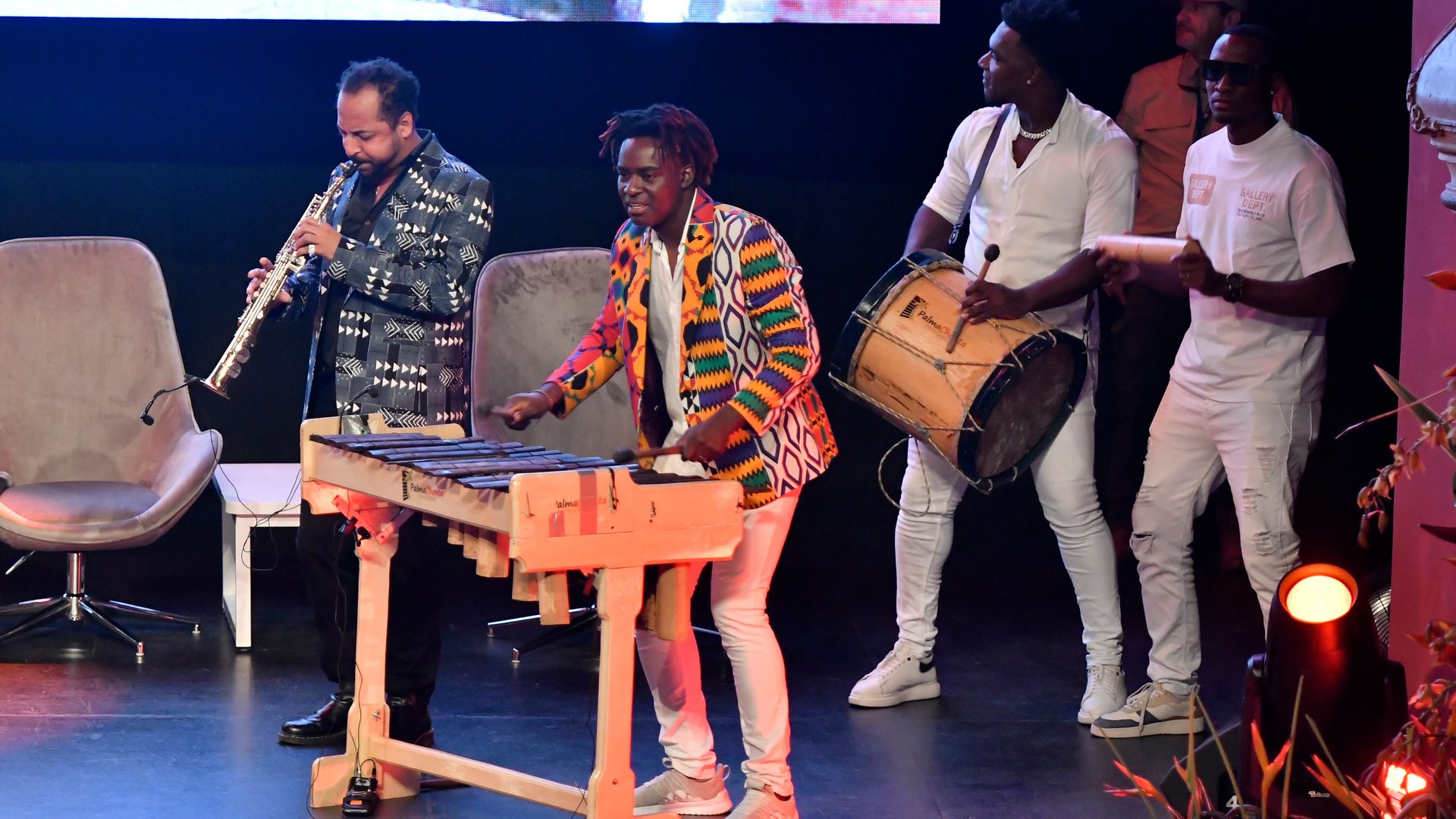 Musical presentation of an Afro-Colombian music group to receive Prince Harry, Duke of Sussex, and Meghan, Duchess of Sussex who attends the Afro Women and Power Forum at the Municipal Theater of Cali during a visit around Colombia on August 18, 2024 in Cali, Colombia.