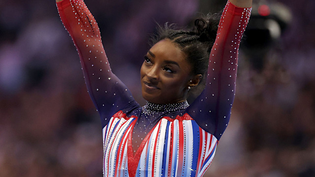 Simone Biles reacts after competing on the floor exercise on Day Four of the 2024 U.S. Olympic Team Gymnastics Trials at Target Center on June 30, 2024 in Minneapolis, Minnesota.