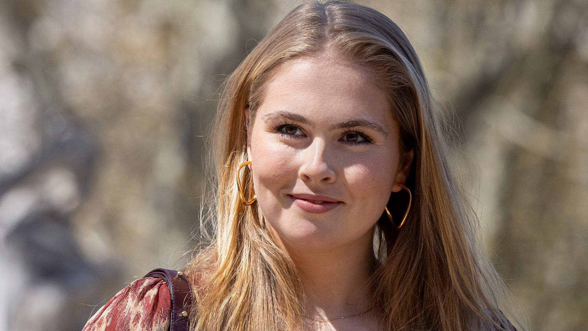 Catharina-Amalia in patterned burgundy dress