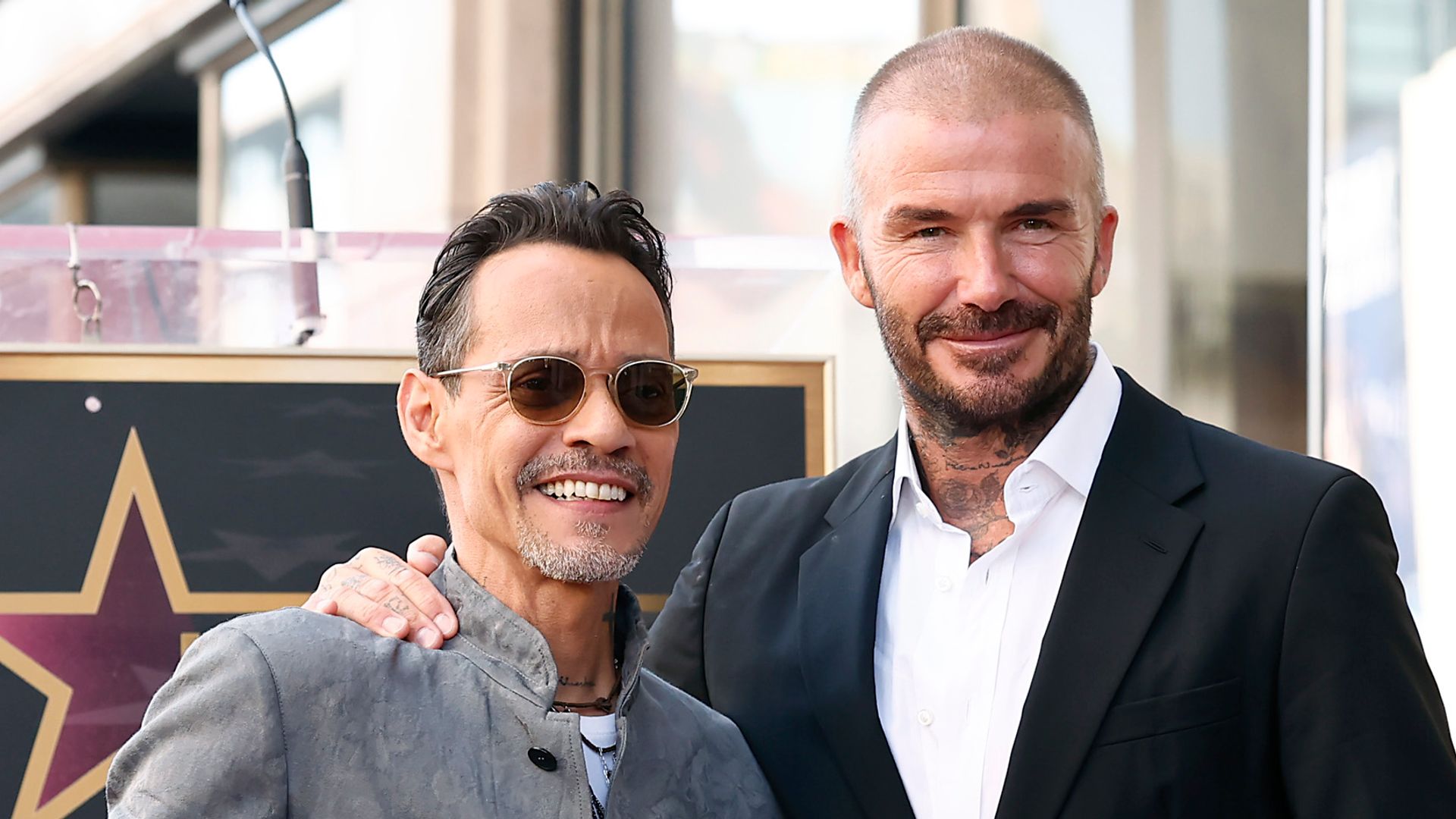 HOLLYWOOD, CALIFORNIA - SEPTEMBER 07: (L-R) Marc Anthony and David Beckham attend the Hollywood Walk of Fame Star Ceremony for Marc Anthony on September 07, 2023 in Hollywood, California. (Photo by Emma McIntyre/Getty Images)