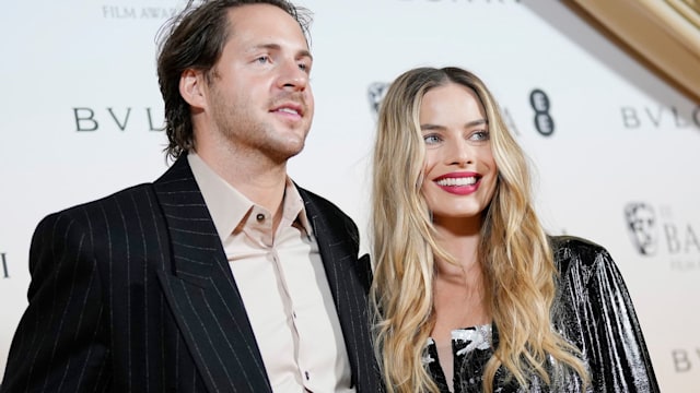 Tom Ackerley and Margot Robbie attend the EE BAFTA Film Awards 2024 Nominees' Party, Supported By Bulgari at The National Gallery on February 17, 2024 in London, England