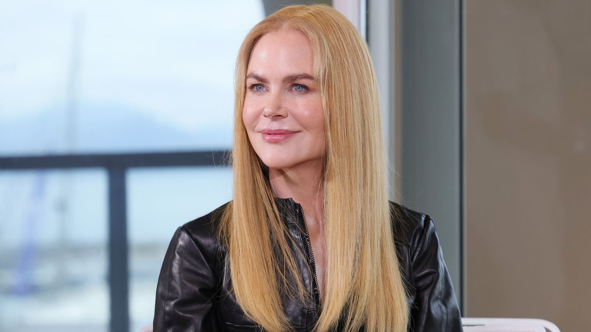 Nicole Kidman wearing a black leather jacket 