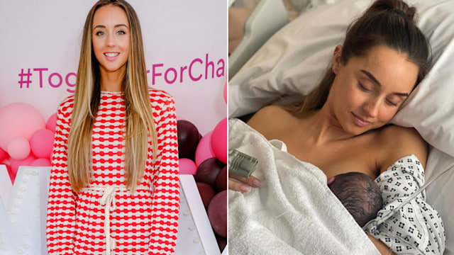 A split image of Emily Andre and baby Arabella 