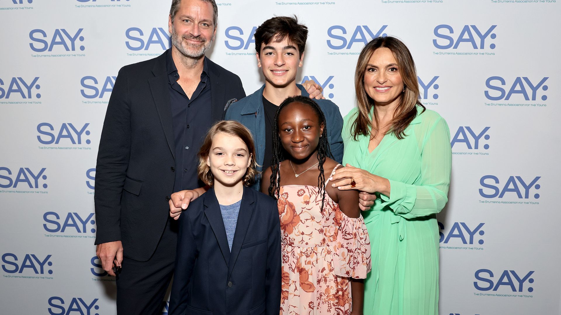 NEW YORK, NEW YORK - MAY 22: Peter Hermann and Mariska Hargitay pose with their children, August Miklos Friedrich Hermann, Andrew Nicolas Hargitay Hermann and Amaya Josephine Hermann at the 2023 Stuttering Association For The Young (SAY) Benefit Gala at The Edison Ballroom on May 22, 2023 in New York City. (Photo by Jamie McCarthy/Getty Images)