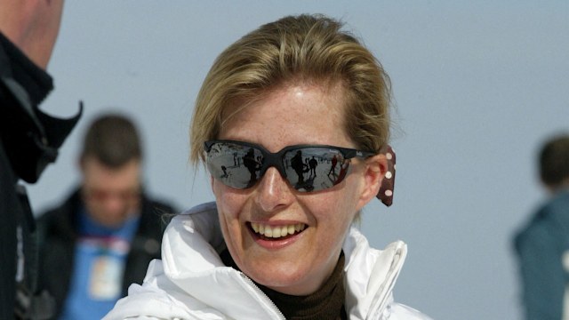Duchess Sophie wears a white ski jacket and sunglasses in Meribel, France