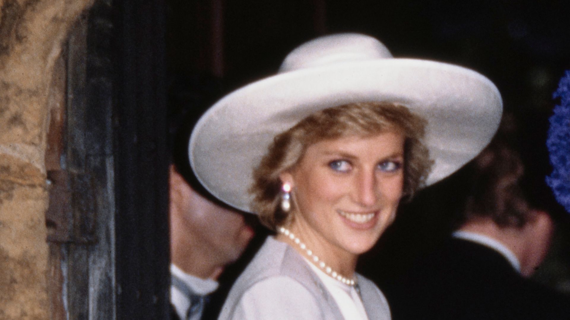 Princess Diana in a church doorway at Charles Spencer's wedding to Victoria Lockwood in 1989