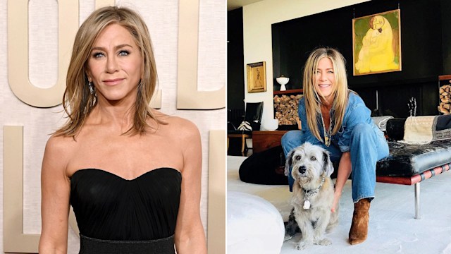 split of jennifer in black with her at home with dog
