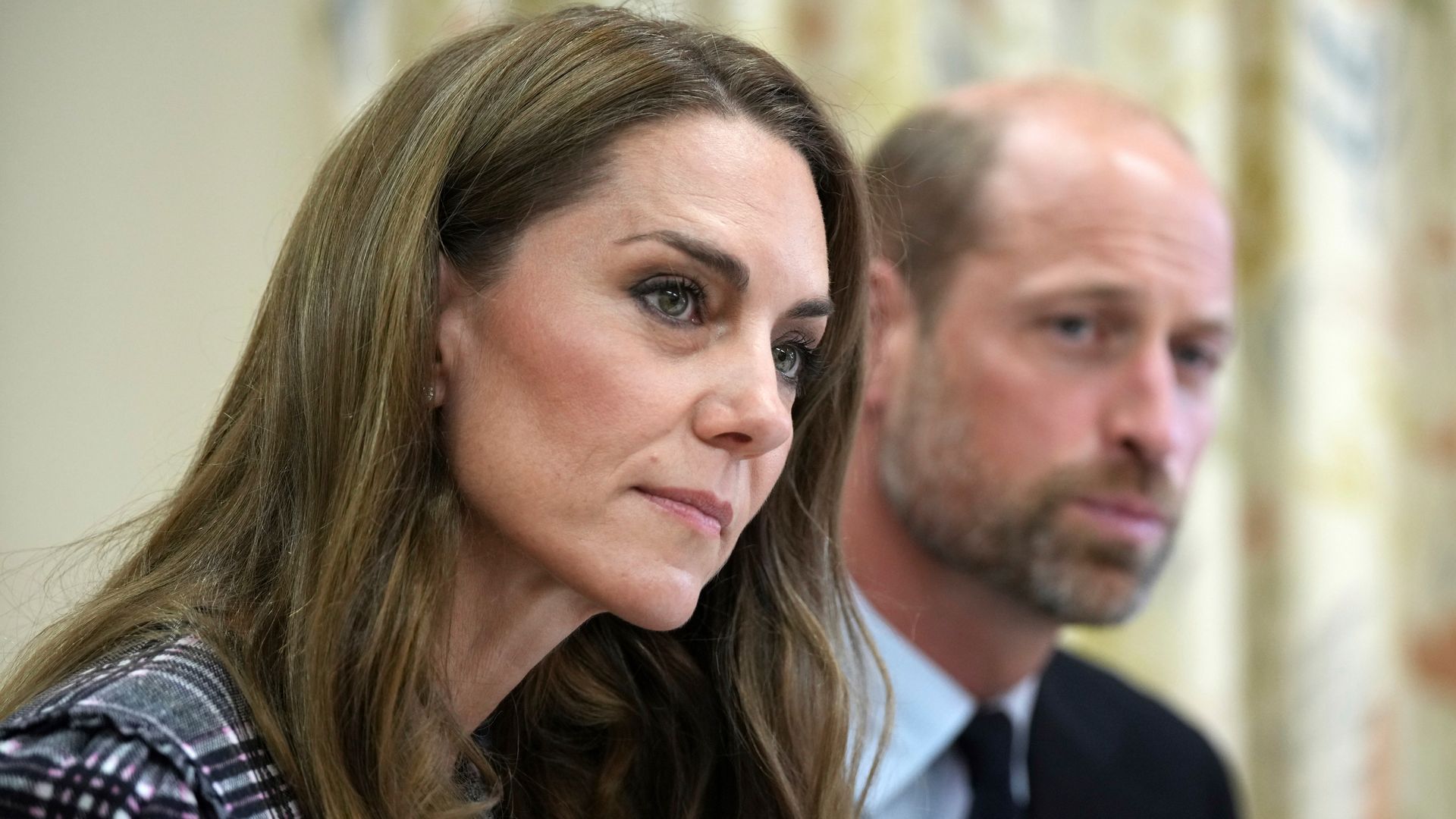 SUNNINGDALE, ENGLAND - SEPTEMBER 8: Catherine, Princess of Wales and Prince William, Prince of Wales listen as they visit the National Federation of Women's Institute (WI) to commemorate the three-year anniversary of the death of Queen Elizabeth II on September 8, 2025 in Sunningdale, England. (Photo by Alastair Grant - WPA Pool/Getty Images)