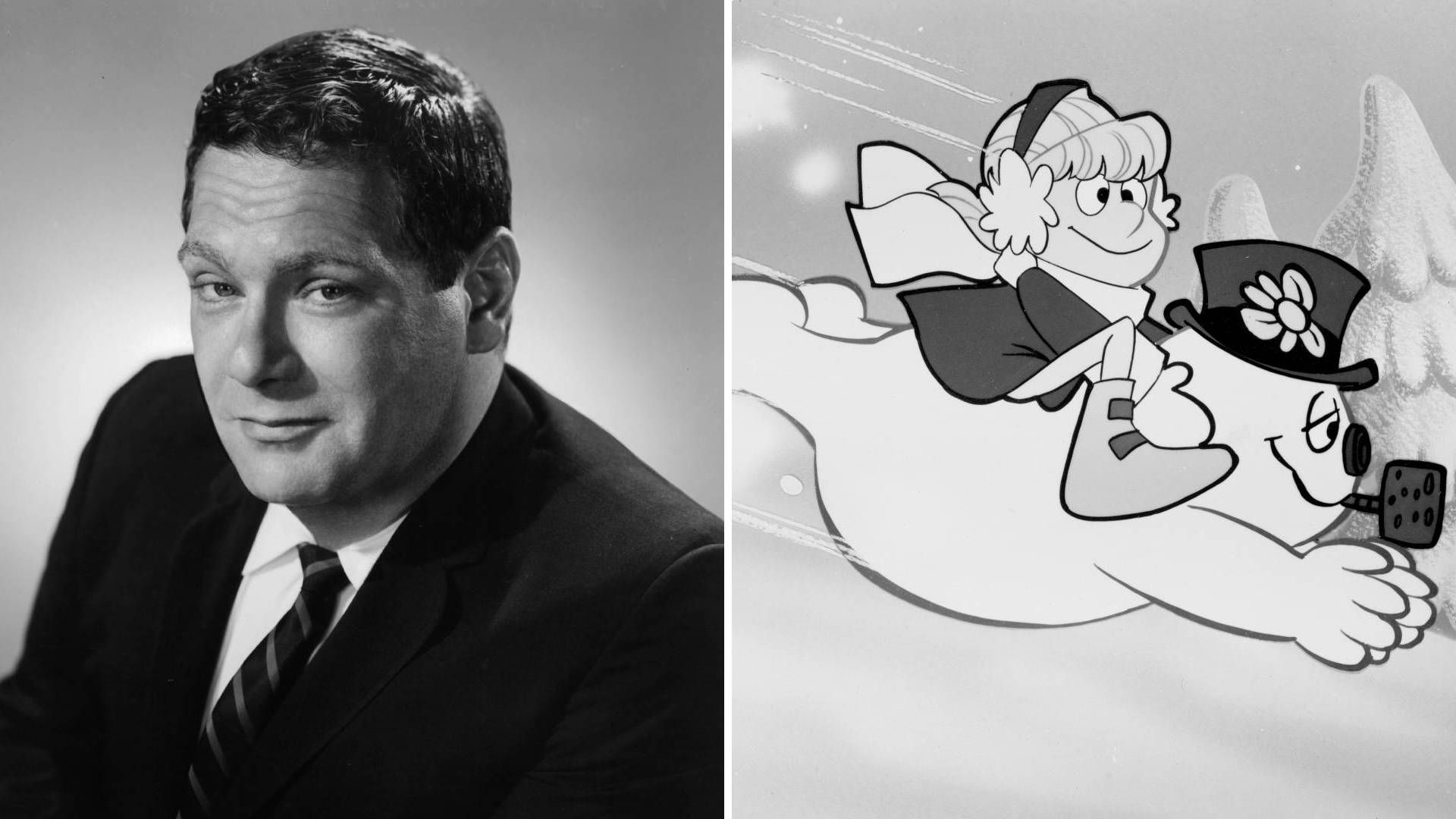Split image of Jackie Vernon and his character Frosty the Snowman