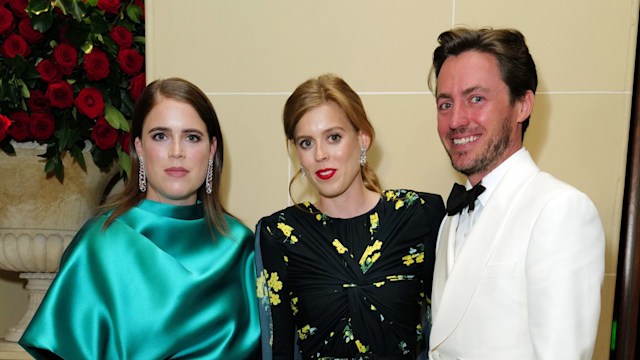 Princess Eugenie in a green dress with Princess Beatrice in a cinched black dress and Edoardo Mapelli Mozzi in a white tuxedo