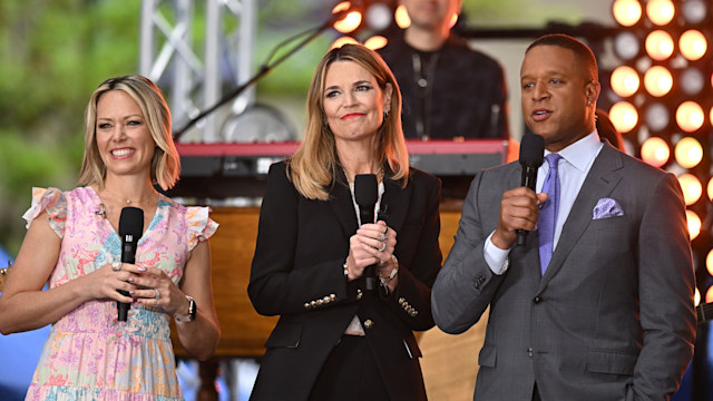 Dylan Dreyer, Savannah Guthrie and Craig Melvin are seen on NBC's "Today" Citi Concert Series at Rockefeller Plaza on May 13, 2025 in New York City