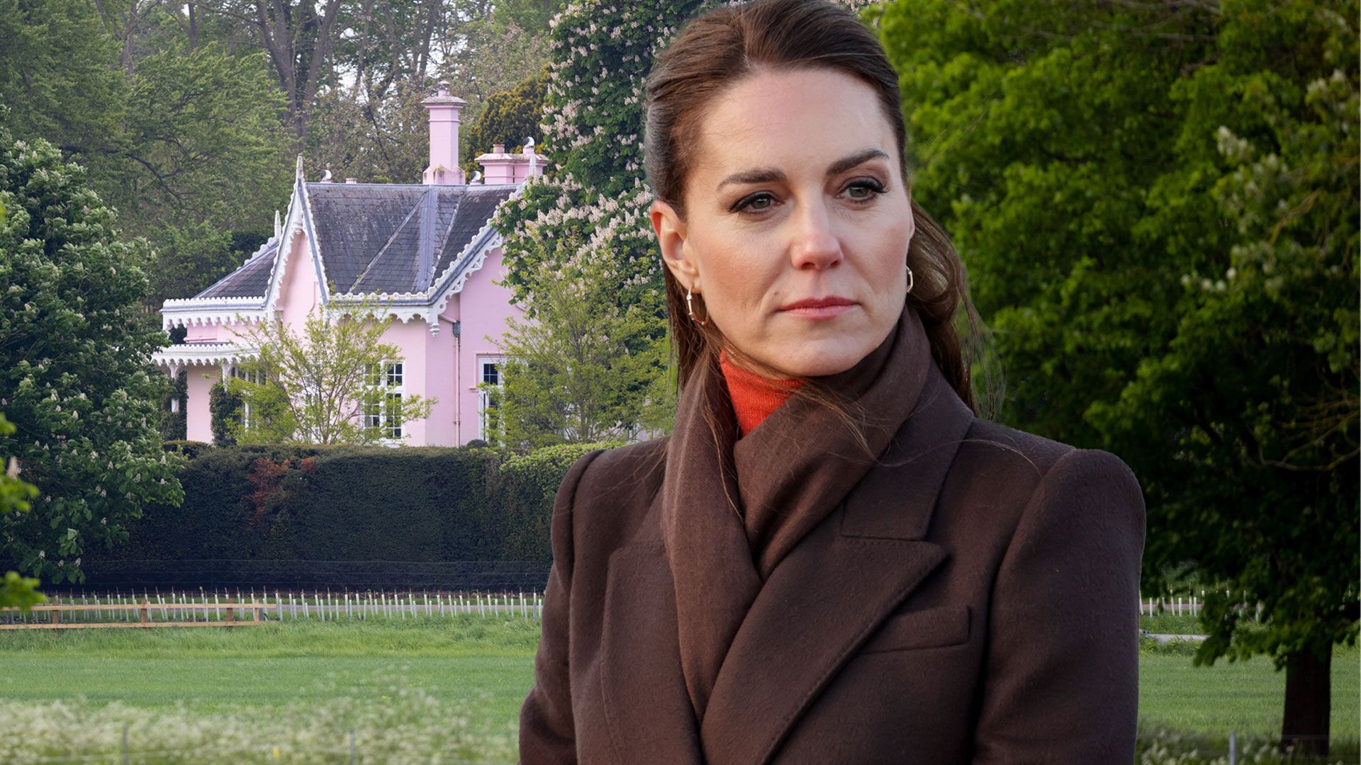 Princess Kate in brown coat over image of adelaide cottage