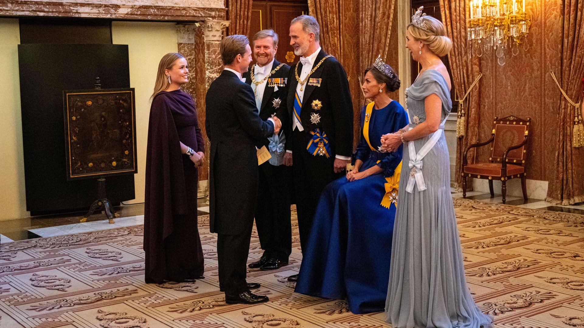 King Willem-Alexander and Queen Maxima of the Netherlands with King Felipe, Queen Letizia of Spain, Frenkie de Jong and Mikky Kiemeney at the state banquet at the Royal Palace in Amsterdam