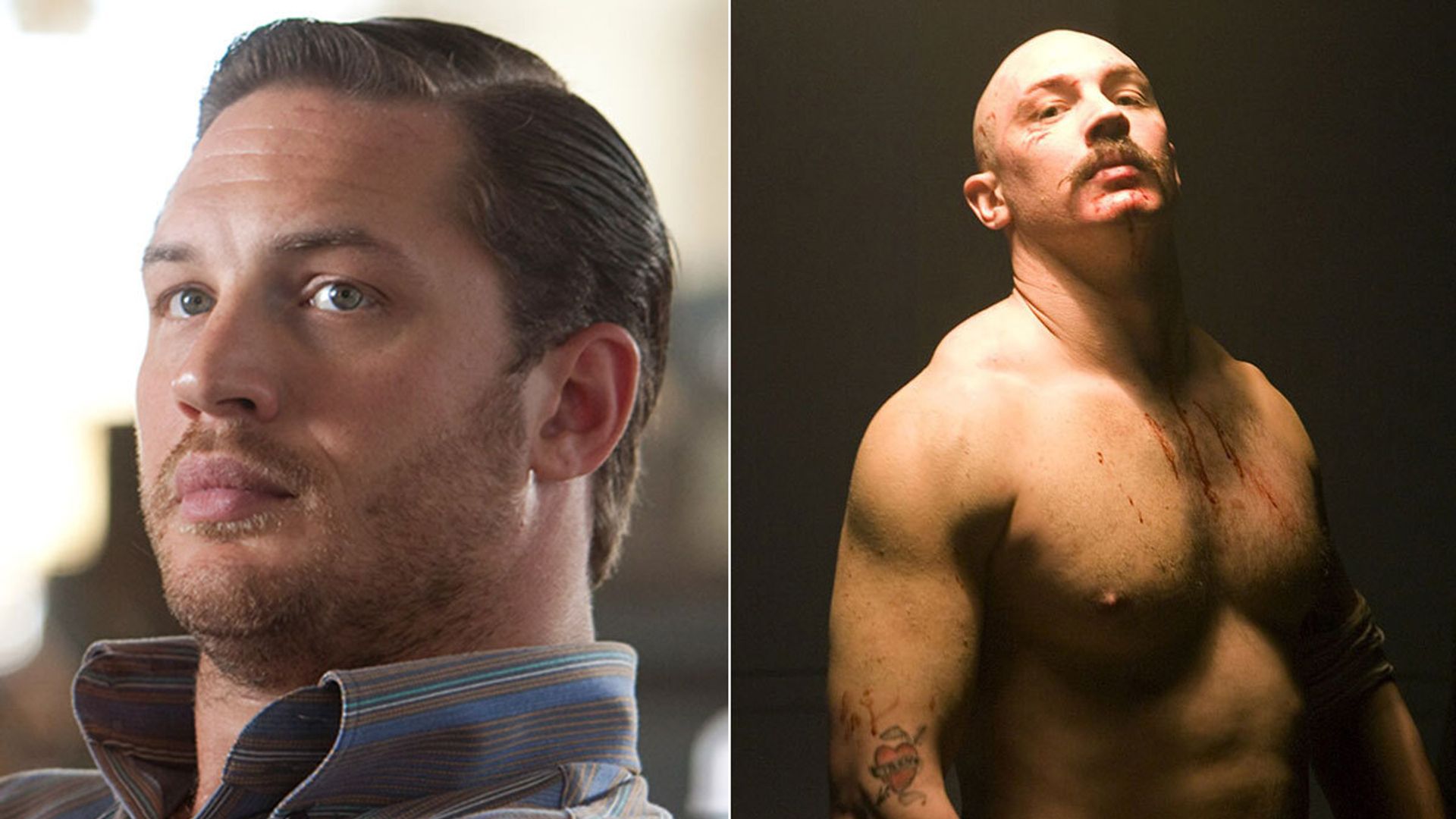 Tom Hardy in film stills from Inception and Bronson