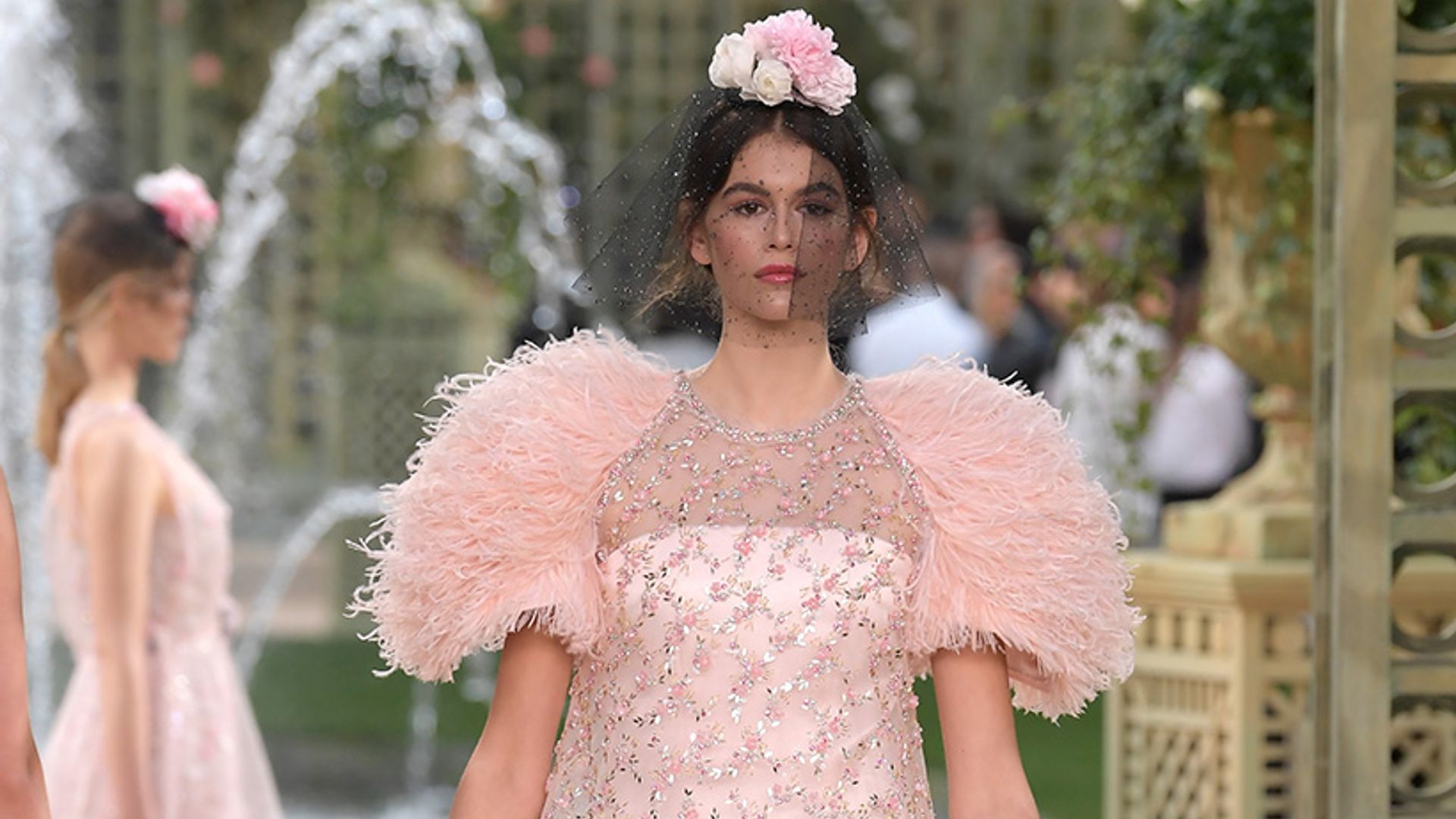 kaia gerber paris fashion week pink dress