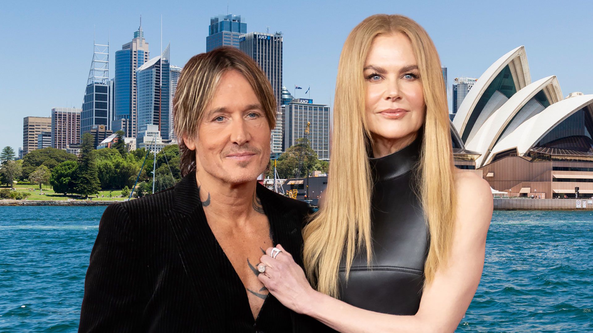 Nicole Kidman and Keith Urban in black over image of sydney skyscape