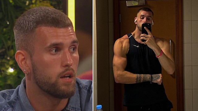 Split image showing Zachariah on Love Island and in mirror selfie