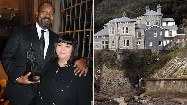 Split image of Lenny Henry with Dawn French and of a clifftop home