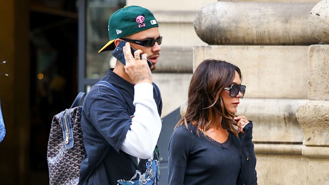 Romeo Beckham and Victoria Beckham are seen on September 23, 2024 in Paris