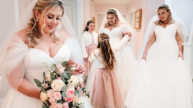 Collage of Louise Pentland on her wedding day