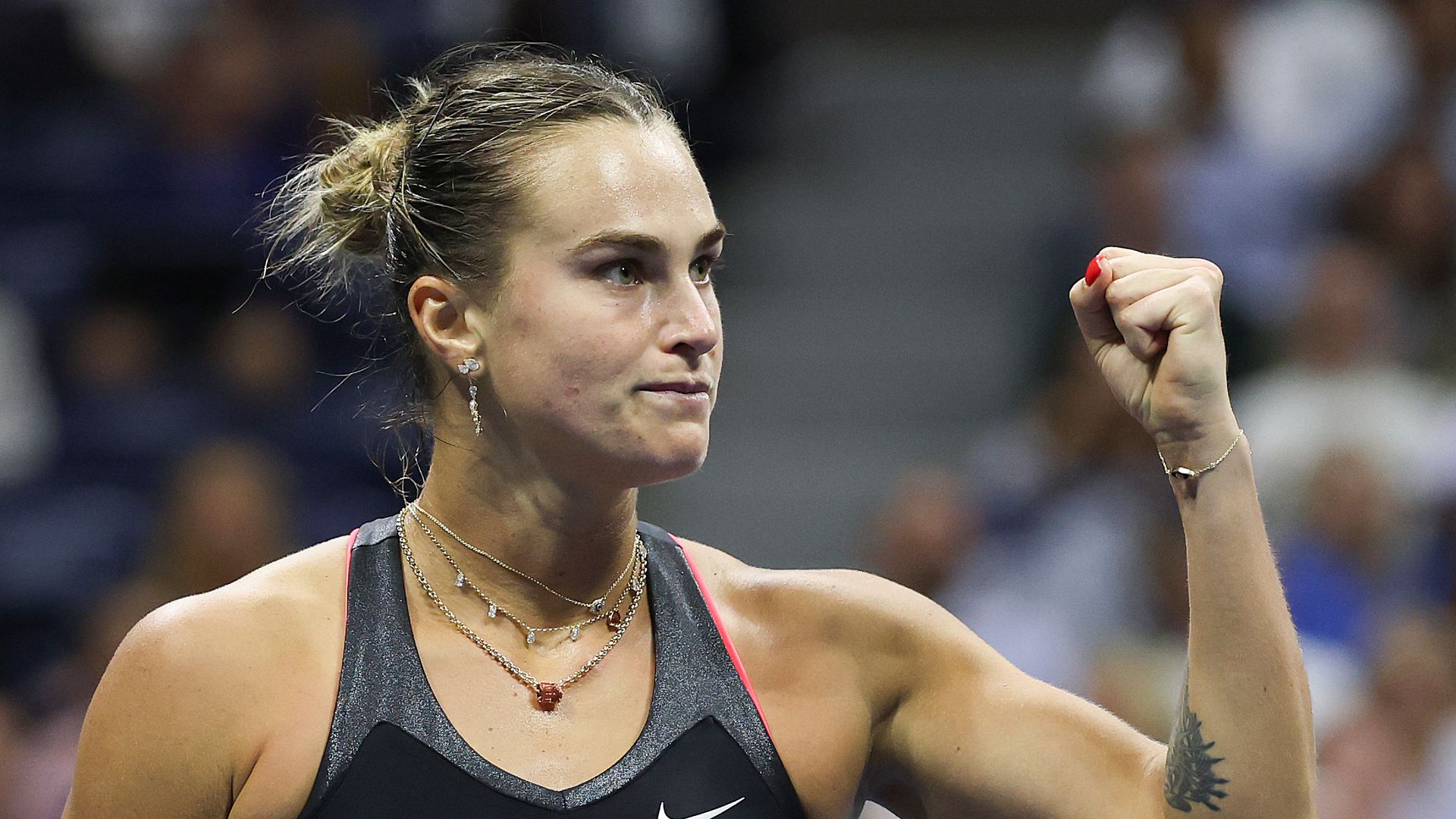 Aryna Sabalenka celebrates a point against Jessica Pegula at the 2025 US Open