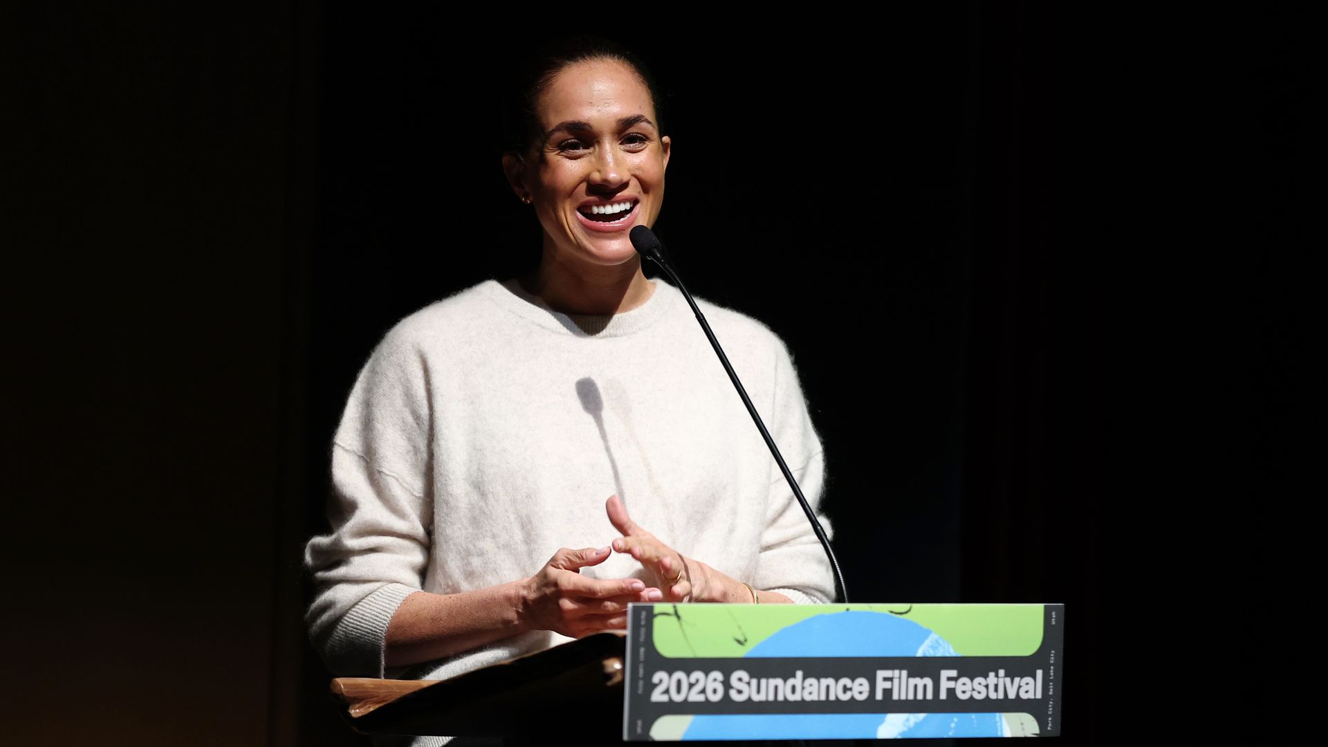 Meghan, Duchess of Sussex speaks onstage at the "Cookie Queens" Premiere during the 2026 Sundance Film Festival at Eccles Center Theater on January 25, 2026 in Park City, Utah.