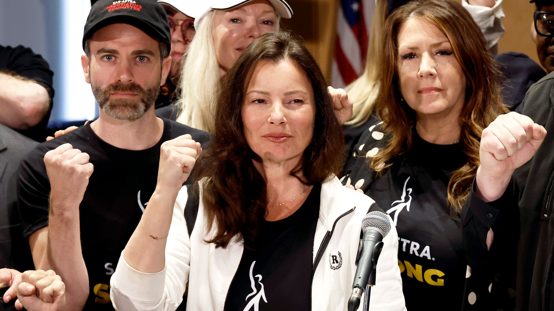 Ben Whitehair, Frances Fisher, SAG President Fran Drescher, Joely Fisher, National Executive Director, and SAG-AFTRA members are seen as SAG-AFTRA National Board holds a press conference for vote on recommendation to call a strike 