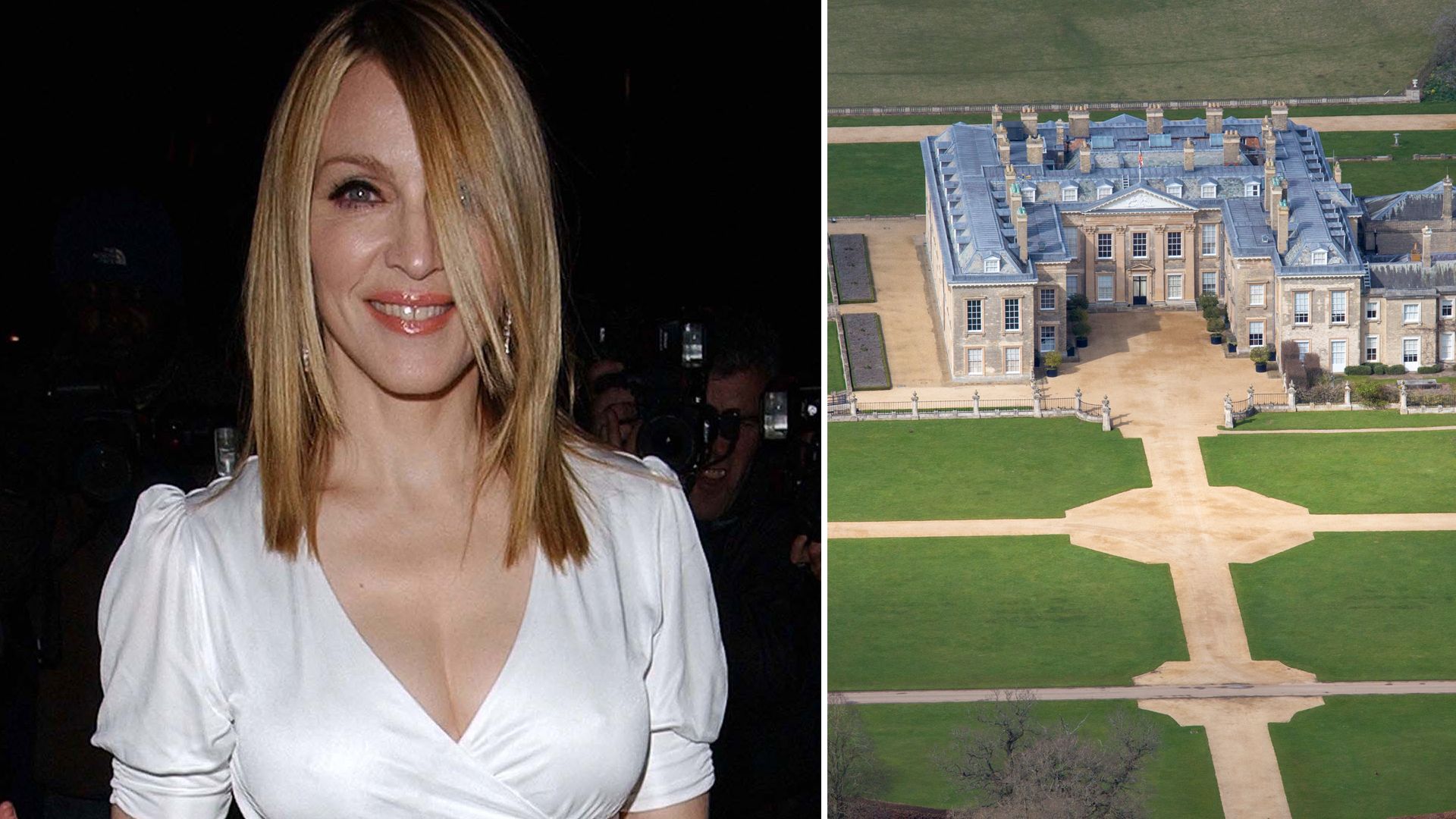 Madonna in a white dress and an aerial view of Althorp House